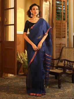 Indethnic - Blue Solid Daily Wear Saree with Unstitched Blouse