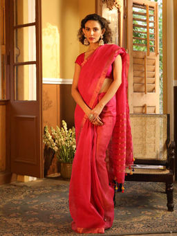 Indethnic - Pink Solid Daily Wear Saree with Unstitched Blouse