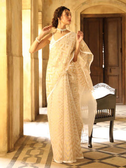 Indethnic - White Solid Party Wear Saree with Unstitched Blouse