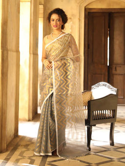 Indethnic - Grey Solid Party Wear Saree with Unstitched Blouse