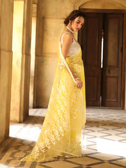 Indethnic - Yellow Solid Party Wear Saree with Unstitched Blouse