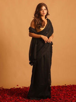 Indethnic - Black Solid Daily Wear Saree with Unstitched Blouse