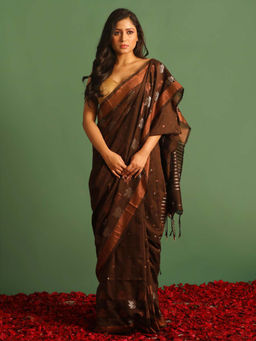 Indethnic - Brown Solid Daily Wear Saree with Unstitched Blouse