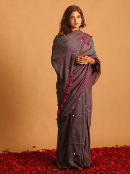 Indethnic - Purple Solid Daily Wear Saree with Unstitched Blouse