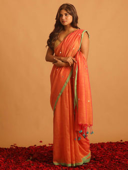 Indethnic - Orange Solid Daily Wear Saree with Unstitched Blouse