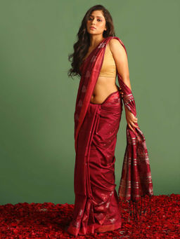 Indethnic - Red Solid Daily Wear Saree with Unstitched Blouse