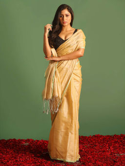 Indethnic - Beige Solid Party Wear Saree with Unstitched Blouse