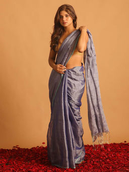 Indethnic - Purple Solid Party Wear Saree with Unstitched Blouse