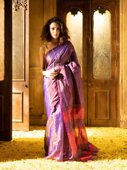 Indethnic - Purple Solid Party Wear Saree with Unstitched Blouse