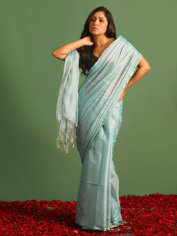 Indethnic - Turquoise Blue Solid Party Wear Saree with Unstitched Blouse