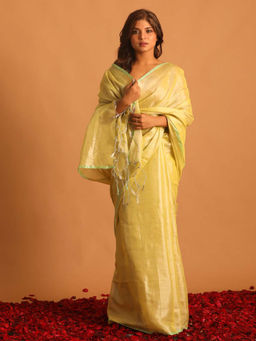 Indethnic - Yellow Solid Party Wear Saree with Unstitched Blouse