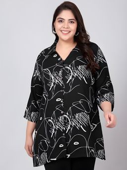 Indietoga - Women Plus Size Black Scribble Print Rayon Longline Shirt