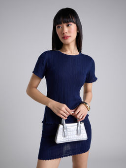 MIXT by Nykaa Fashion - Navy Blue Ribbed Round Neck Top Mid Waist Mini Skirt Co Ord (Set of 2)