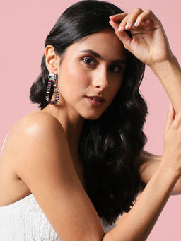 Sohi - Rhinestone Curve Drop Earrings Red & Silver