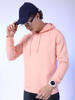 The Indian Garage Co - Men Peach Regular Fit Solid Hooded Full Sleeves Hoodies