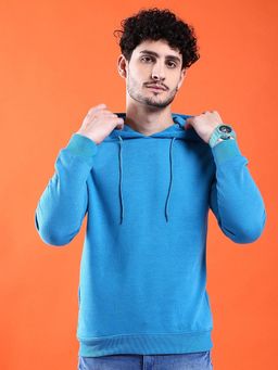The Indian Garage Co - Men Blue Regular Fit Solid Hooded Full Sleeves Hoodies