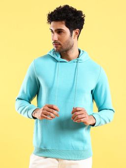 The Indian Garage Co - Men Cyan Blue Regular Fit Solid Hooded Full Sleeves Hoodies