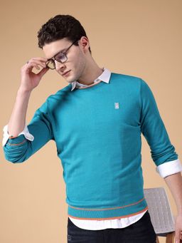 The Indian Garage Co - Men Blue Regular Fit Solid Full Sleeves Sweater