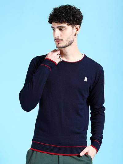 Men Navy Blue Regular Fit Solid Full Sleeves Sweater