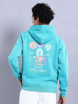 The Indian Garage Co - Men Cyan Blue Regular Fit Printed Hooded Full Sleeves Hoodies