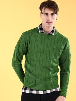 The Indian Garage Co - Men Green Regular Fit Self Design Full Sleeves Sweater