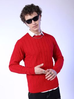 The Indian Garage Co - Men Red Regular Fit Self Design Full Sleeves Sweater