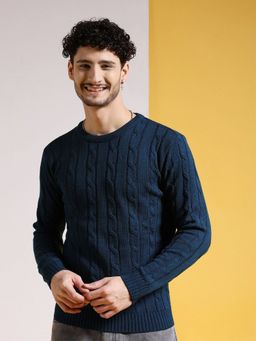 The Indian Garage Co - Men Teal Regular Fit Self Design Full Sleeves Sweater