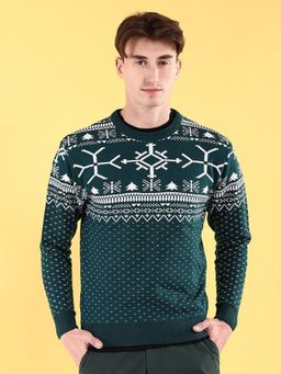 The Indian Garage Co - Men Green Regular Fit Self Design Full Sleeves Sweater