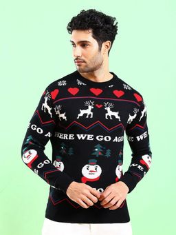 The Indian Garage Co - Men Black Regular Fit Self Design Full Sleeves Sweater
