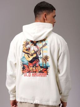 The Indian Garage Co - Men Cream Oversized Fit Printed Hooded Full Sleeves Hoodies