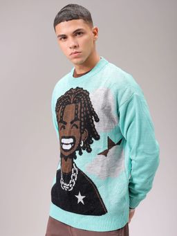 The Indian Garage Co - Men Cyan Blue Oversized Fit Printed Full Sleeves Sweater