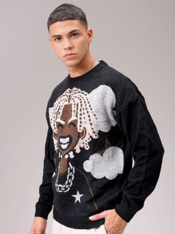 The Indian Garage Co - Men Black Oversized Fit Printed Full Sleeves Sweater
