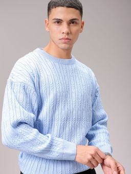 The Indian Garage Co - Men Blue Oversized Fit Textured Full Sleeves Sweater