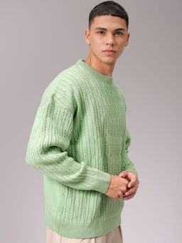 The Indian Garage Co - Men Green Oversized Fit Self Design Full Sleeves Sweater