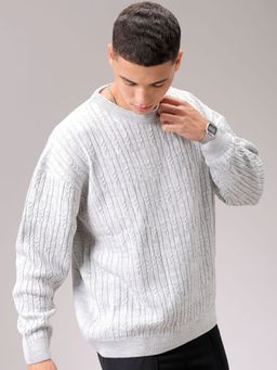The Indian Garage Co - Men Grey Oversized Fit Self Design Full Sleeves Sweater