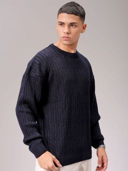 The Indian Garage Co - Men Black Oversized Fit Textured Full Sleeves Sweater