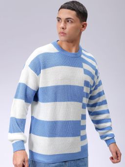 The Indian Garage Co - Men Blue Oversized Fit Striped Full Sleeves Sweater