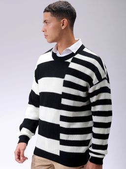 The Indian Garage Co - Men Black Oversized Fit Striped Full Sleeves Sweater