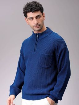 The Indian Garage Co - Men Blue Oversized Fit Textured Full Sleeves Sweater