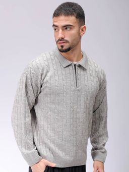 The Indian Garage Co - Men Grey Oversized Fit Textured Full Sleeves Polo Sweater