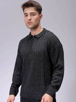 The Indian Garage Co - Men Charcoal Oversized Fit Self Design Full Sleeves Polo Sweater