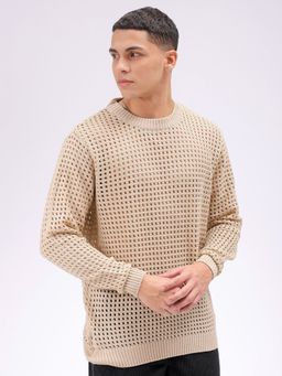 The Indian Garage Co - Men Beige Relaxed Fit Textured Full Sleeves Sweater