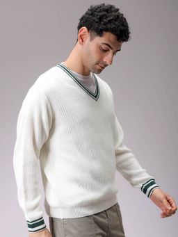 The Indian Garage Co - Men White Relaxed Fit Solid V-Neck Full Sleeves Sweater