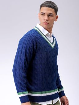 The Indian Garage Co - Men Blue Relaxed Fit Textured V-Neck Full Sleeves Sweater