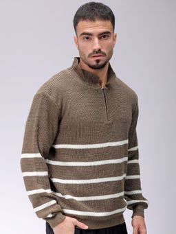 The Indian Garage Co - Men Brown Relaxed Fit Striped Full Sleeves Sweater