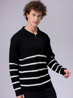 The Indian Garage Co - Men Black Relaxed Fit Striped Full Sleeves Sweater