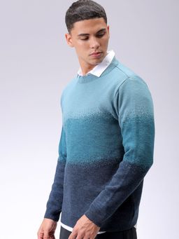 The Indian Garage Co - Men Blue Relaxed Fit Colorblock Full Sleeves Sweater