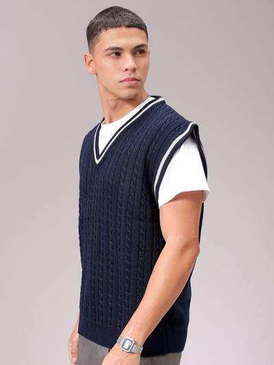 Men Navy Blue Oversized Fit Textured Sleeveless V-Neck Sweater