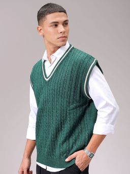 The Indian Garage Co - Men Green Oversized Fit Textured Sleeveless V-Neck Sweater