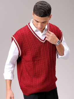 The Indian Garage Co - Men Red Oversized Fit Textured Sleeveless V-Neck Sweater